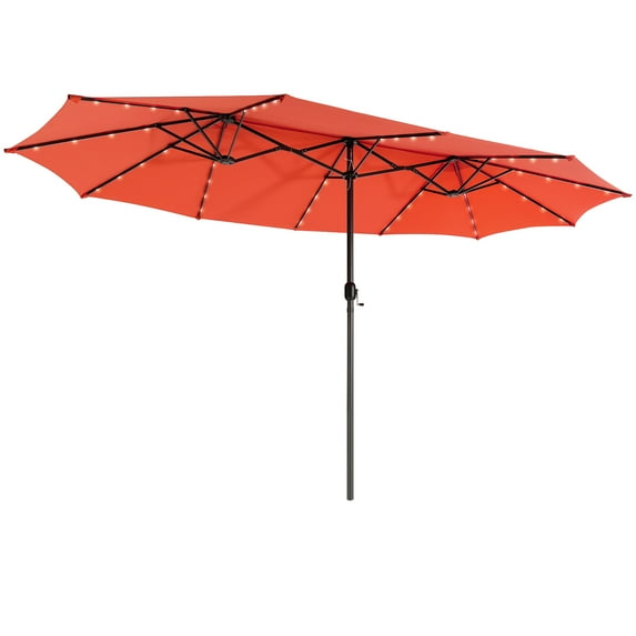 Gymax 15Ft Solar LED Patio Outdoor Double-Sided Umbrella w/ 48 Lights Crank Orange