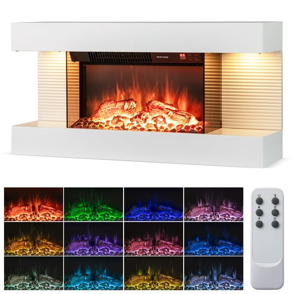 Gymax 18'' Electric Fireplace w/ 32'' Floating Mantel 12-Color Dimmable Flame 8H Timer