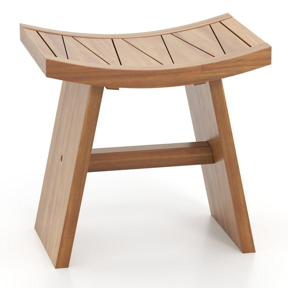 Gymax 18 Inch Teak Wood Shower Bench Wooden Shower Stool w/ Curved Seat for Bathroom