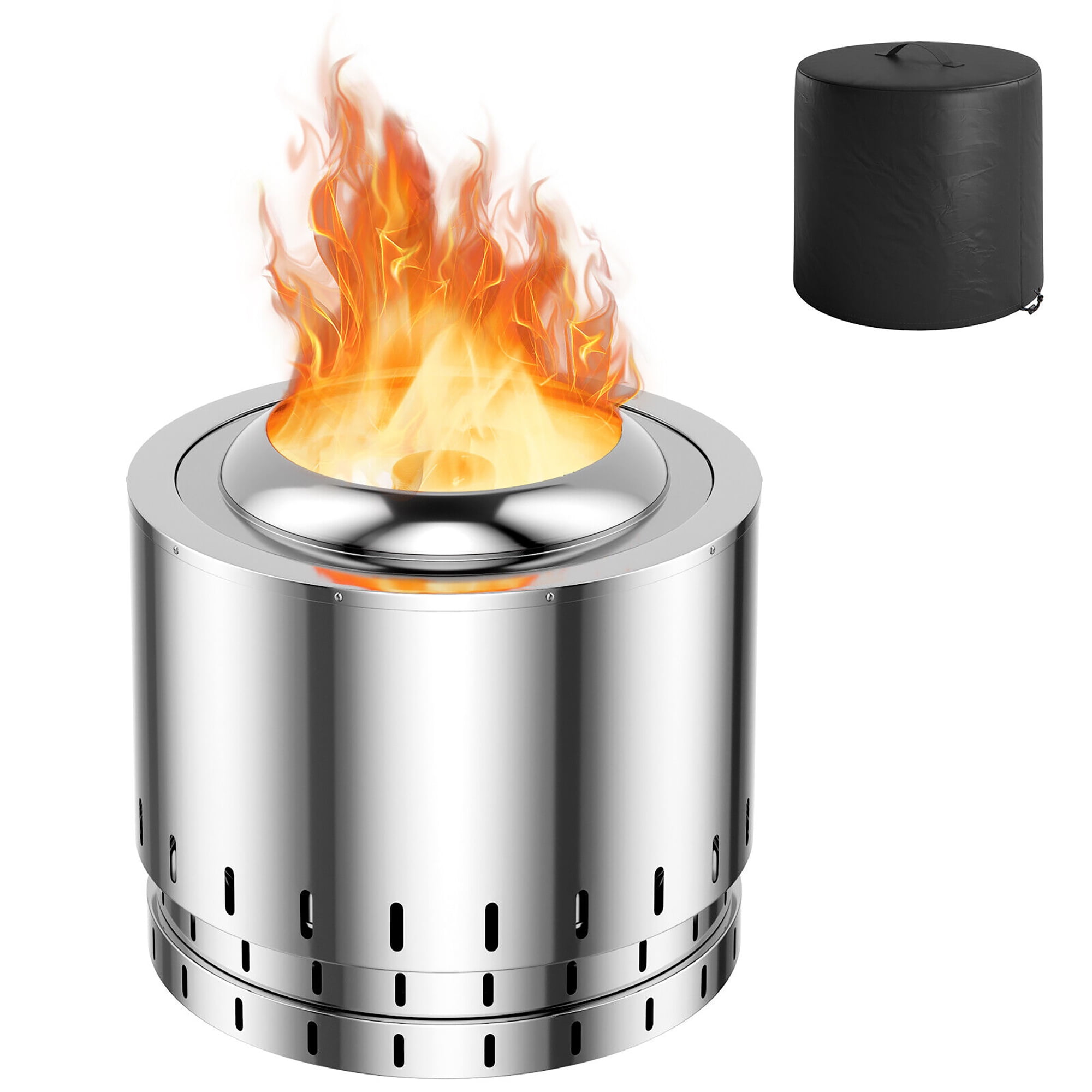 Gymax 19.5'' Smokeless Fire Pit Stainless Steel Wood Burning Firepit w/ Rain Cover