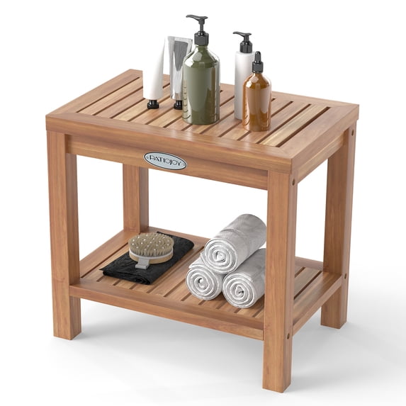 Gymax 19 Inch Teak Wood Shower Bench Inside Shower Stool w/ Storage Shelf for Adults
