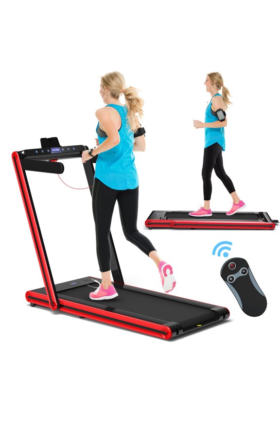 2.25HP Folding Treadmill 2-in-1 Walking Running Machine w/ APP & Remote Control Red