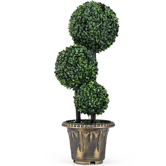 Gymax 2.5 FT Artificial Boxwood Topiary Tree Sun-Protective Triple Ball ShrubsIndoor
