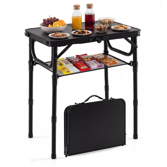 Gymax 2 FT Small Folding Camping Table w/3 Adjustable Heights Storage Net Carry Handle