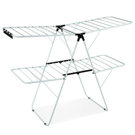 Gymax 2-Level Metal Foldable Airer Clothes Drying Rack with Height-Adjustable Gullwing