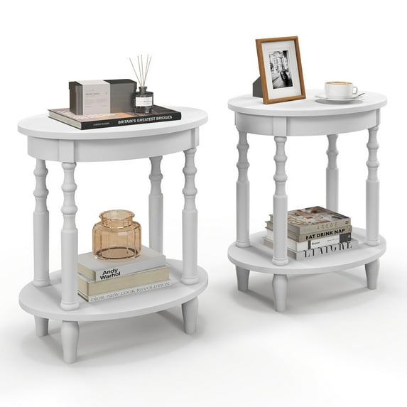 Gymax 2 PCS 2-Tier End Table Oval Compact Sofa Side Nightstand w/ Storage Shelf