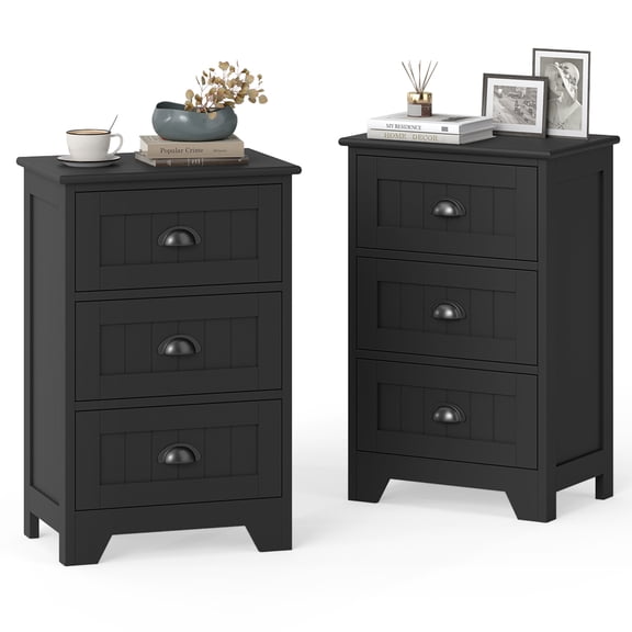 Gymax 2 PCS 3 Drawers Nightstands End Table Storage Wood Side Bedside Black