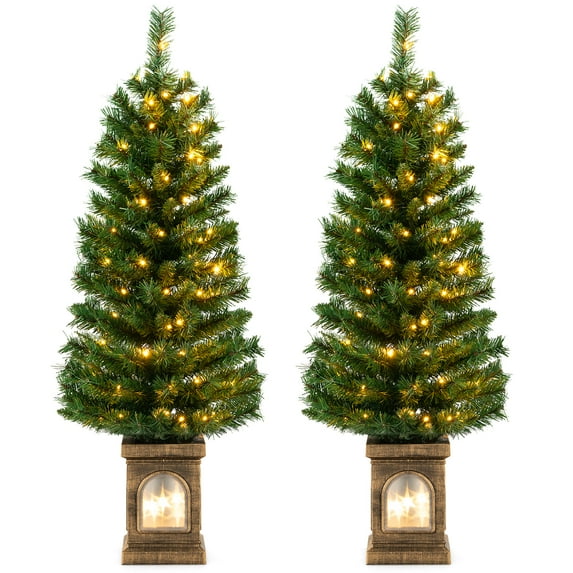 Gymax 2 PCS 4 FT Pre-Lit Potted Christmas Tree Artificial Entrance Tree w/ LED Lights & 160 Branch Tips