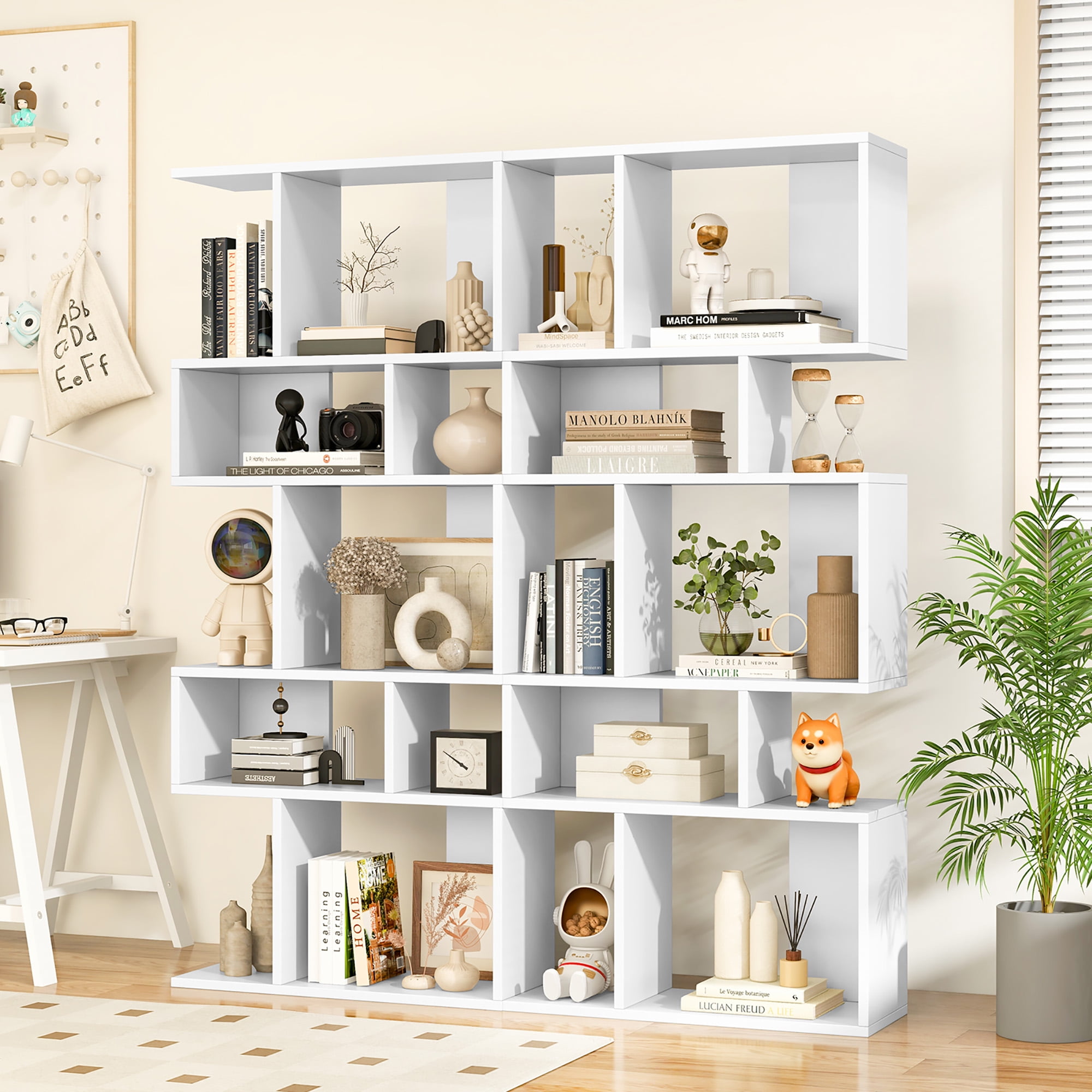 Gymax 2 PCS 5 Cubes Ladder Shelf Freestanding Bookshelf Display Rack Bookcase White