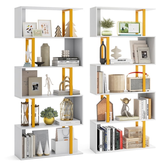Gymax 2 PCS 5-Tier Geometric Bookcase 62-Inch S-Shaped Bookshelf w/ Metal Frame Gold