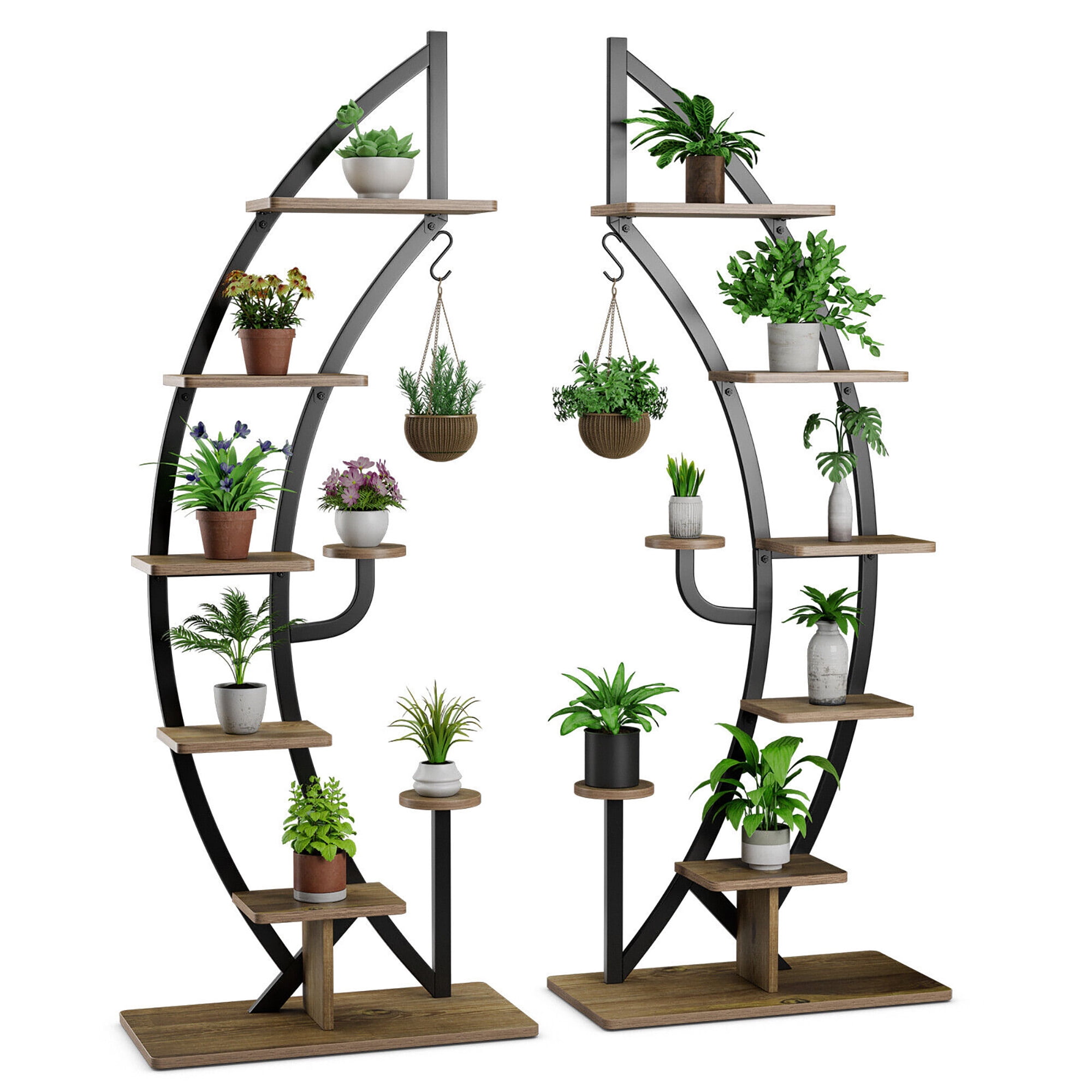 Curved Black and Natural 6-Tier Metal Plant Stand Set