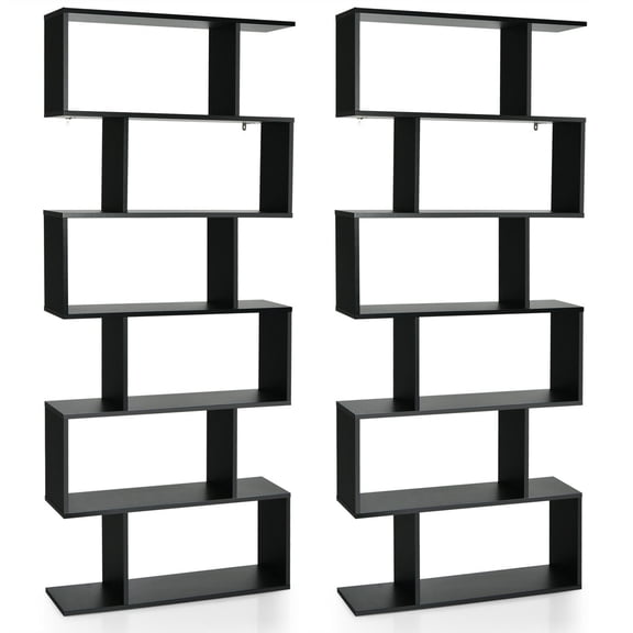 Gymax 2 PCS 6 Tier S-Shaped Bookshelf Storage Display Bookcase Z-Shelf Black