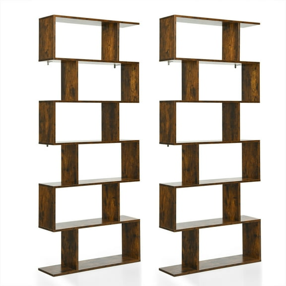 Gymax 2 PCS 6 Tier S-Shaped Bookshelf Storage Display Bookcase Z-Shelf Coffee