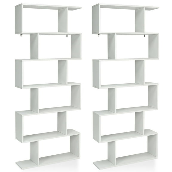 Gymax 2 PCS 6 Tier S-Shaped Bookshelf Storage Display Bookcase Z-Shelf White