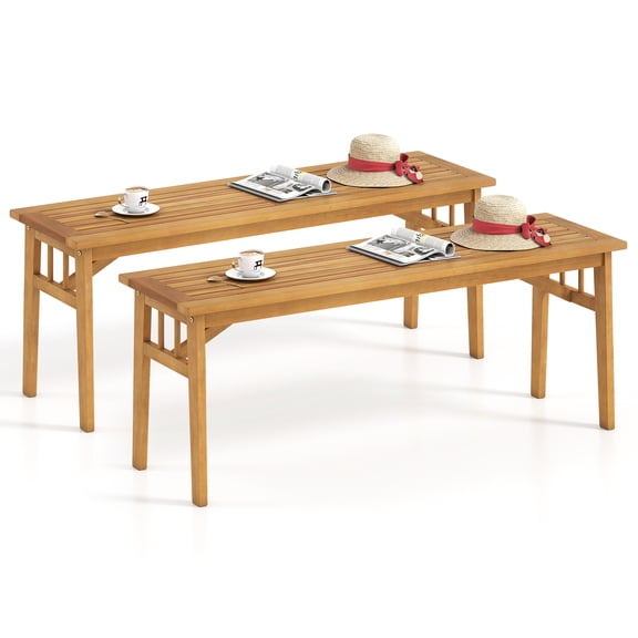 Gymax 2 PCS Acacia Wood Outdoor Bench 48'' Long Backless Wooden Picnic Bench w/ Slatted Seat