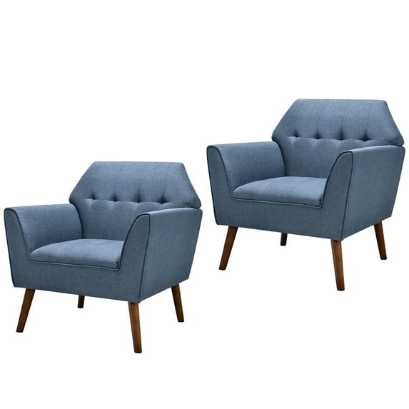 Gymax 2 PCS Accent Chairs Upholstered Armchairs w/ Rubber Wood Legs Modern Blue