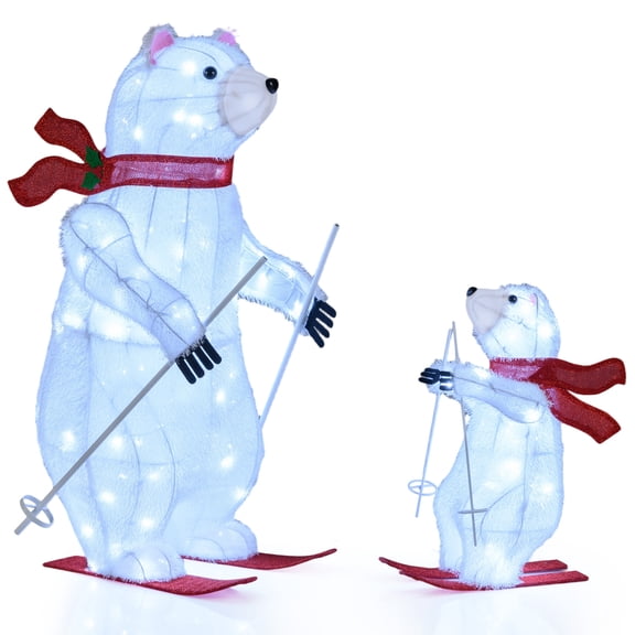 Gymax 2 PCS Animated Skiing Polar Bears w/Skiing Motion & 160 Cold White LED Lights Multi-color