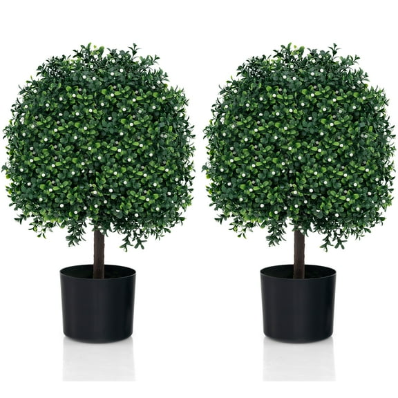 Gymax 2 PCS Artificial Boxwood Topiary Ball Tree w/UV Rated Leaves 343 White Fruits for Home