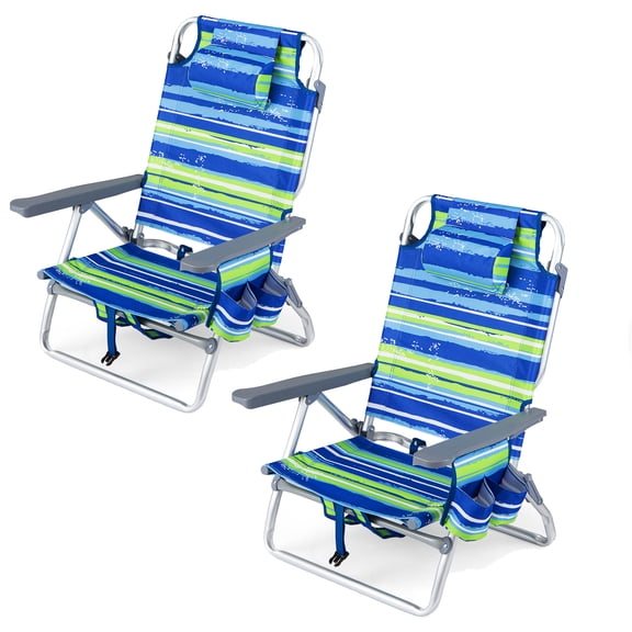 Gymax Set of 2 Beach Chairs Lightweight Aluminum Backpack Folding Recliners w/ 5-Position Backrest & Padded Headrest Navy