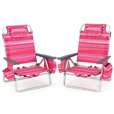 Gymax 2 PCS Beach Chair 5-Position Outdoor Reclining Chairs w/ Head Pillow & Storage Bag Pink