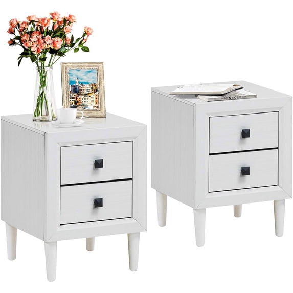 Gymax 2 PCS End Bedside Table Wooden Leg W/ Storage Drawers Nightstand White