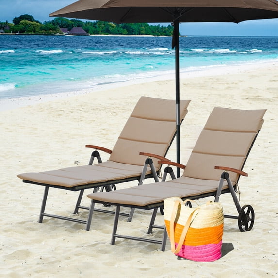 Gymax 2 PCS Folding Patio Rattan Lounge Chair Chaise Cushioned Aluminum Adjust Wheel