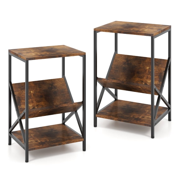 Gymax 2 PCS Industrial Side Table 3-Tier End Table w/ V-Shaped Magazine Holder Rustic Brown