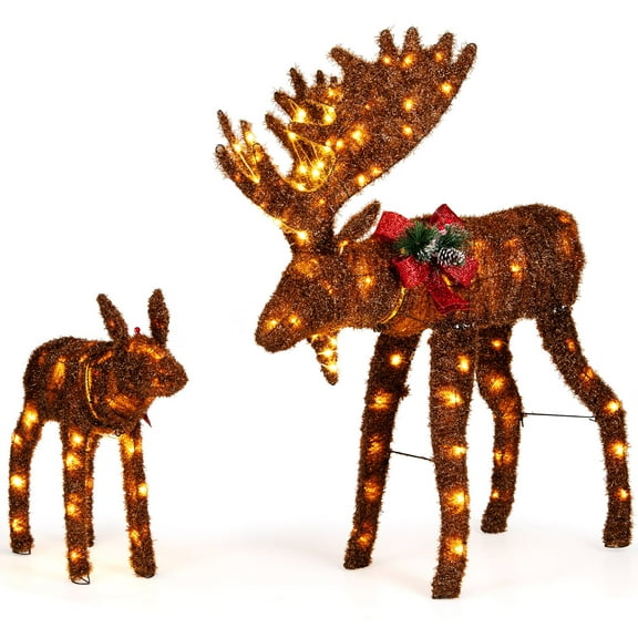 Gymax 2 PCS Lighted Moose Family Light-up Xmas Deer Decorations w/ 170 LED Lights