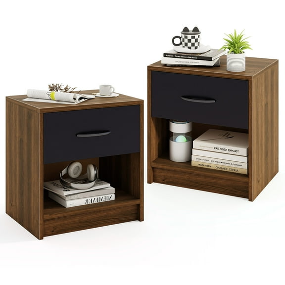 Gymax 2 PCS Nightstand w/ Drawer Side Table w/ Slide-out Drawer Open Storage Shelf Brown