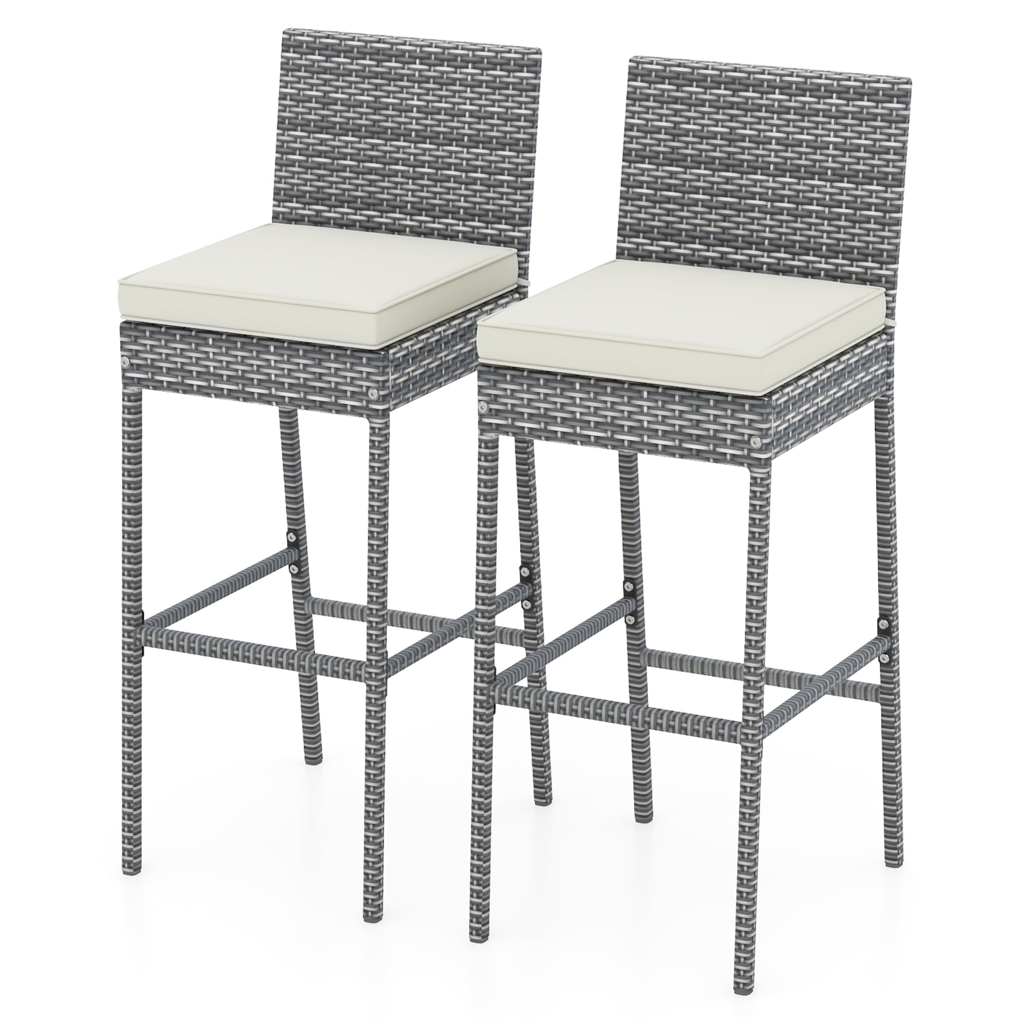 Gymax 2 PCS Patio Wicker Barstools Bar Height Chairs W/ Cushions Backyard Off White