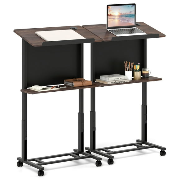 Gymax 2 PCS Rolling Podium Stand 40.5''-49'' Height Adjustable Lectern Table Mobile Pulpit