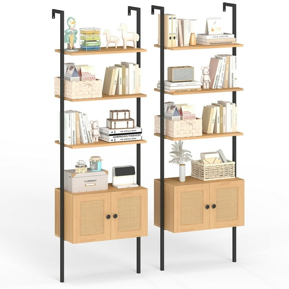 Gymax 2 PCS Wall-Mounted Ladder Shelf 5-tier Bookshelf w/ Rattan-Door Cabinet Display Rack