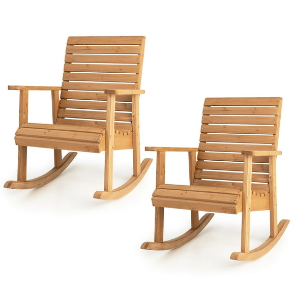 Gymax 2 PCS Wooden Rocking Chair High Back Fir Wood Armchair Natural Garden Yard Patio