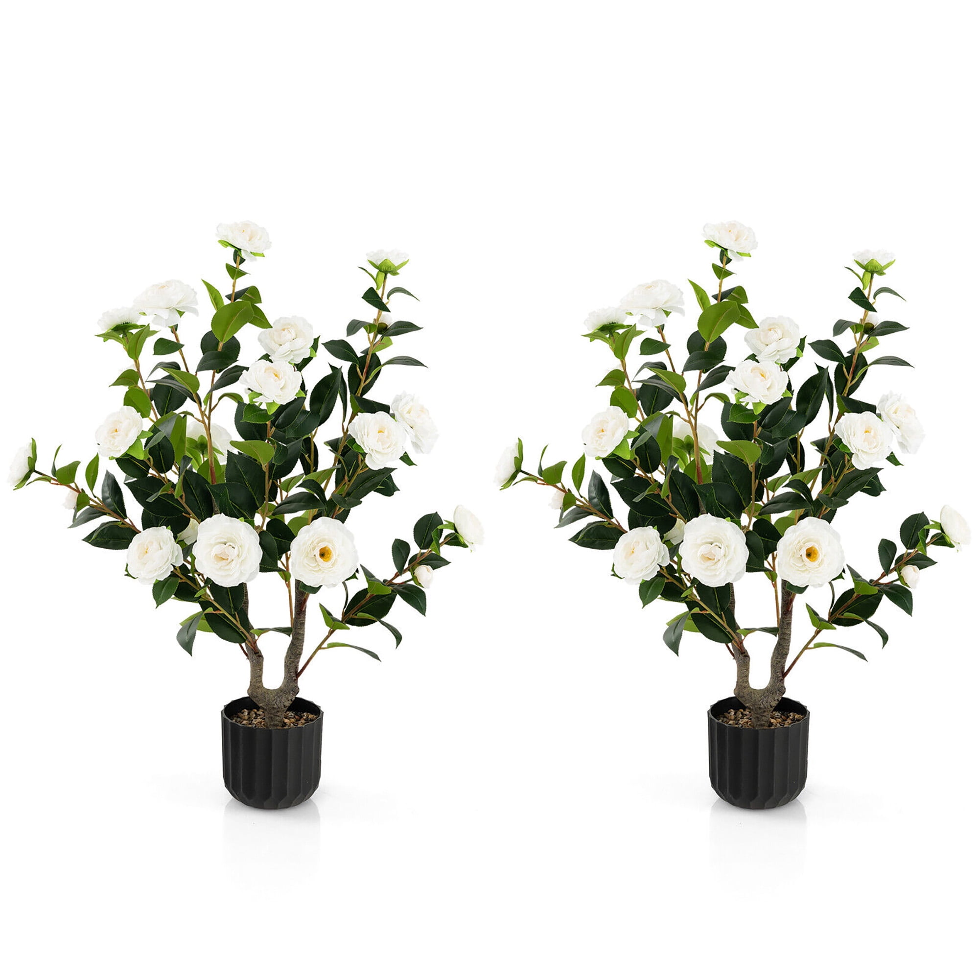 38'' White Silk Camellia Tree in Black Pot, 2-Pack