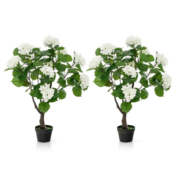 Gymax 2 Pack Artificial Hydrangea Tree Fake Floral Plant w/ 11 White Flowers