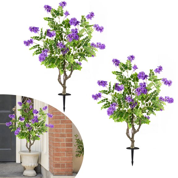 Gymax 2 Pack Artificial Locust Flower Trees w/Ground Spikes Sophora Japonica Blossoms White & Purple
