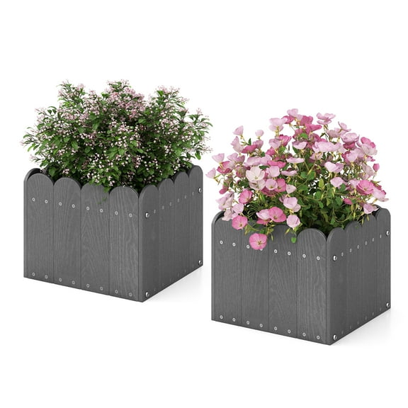Gymax 2 Pack Square Planter Box Weather-Resistant HDPE Flower Pot Garden Bed Grey