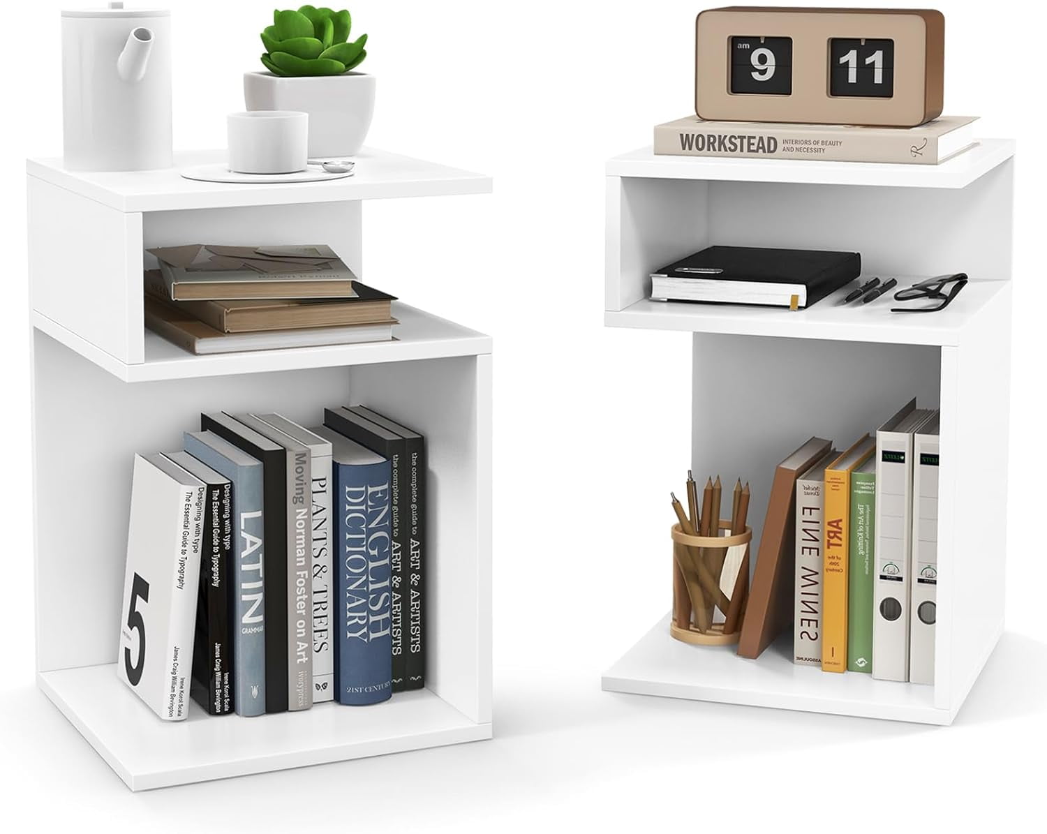 Gymax 2 Pcs Modern Designer S-Shaped End Table Side Table for Small Space White
