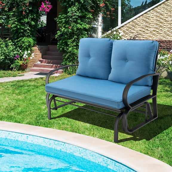 Gymax 2-Person Outdoor Patio Glider Bench Swing Seat Bench w/ Seat & Back Cushions Blue