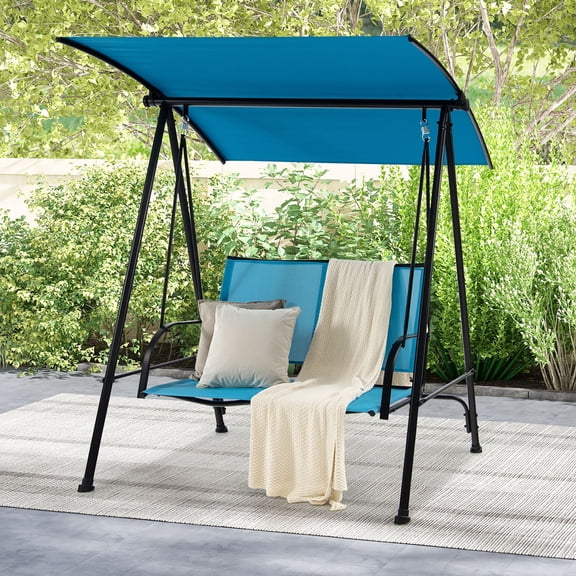Gymax 2-Person Patio Swing Seat Swing Bench Canopy Swing Loveseat Outdoor Navy