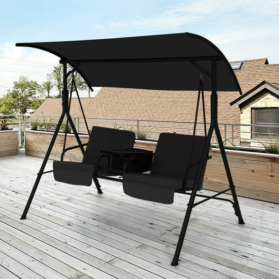 Gymax 2-Person Porch Swing Canopy Rotatable Tray Padded Chair Black