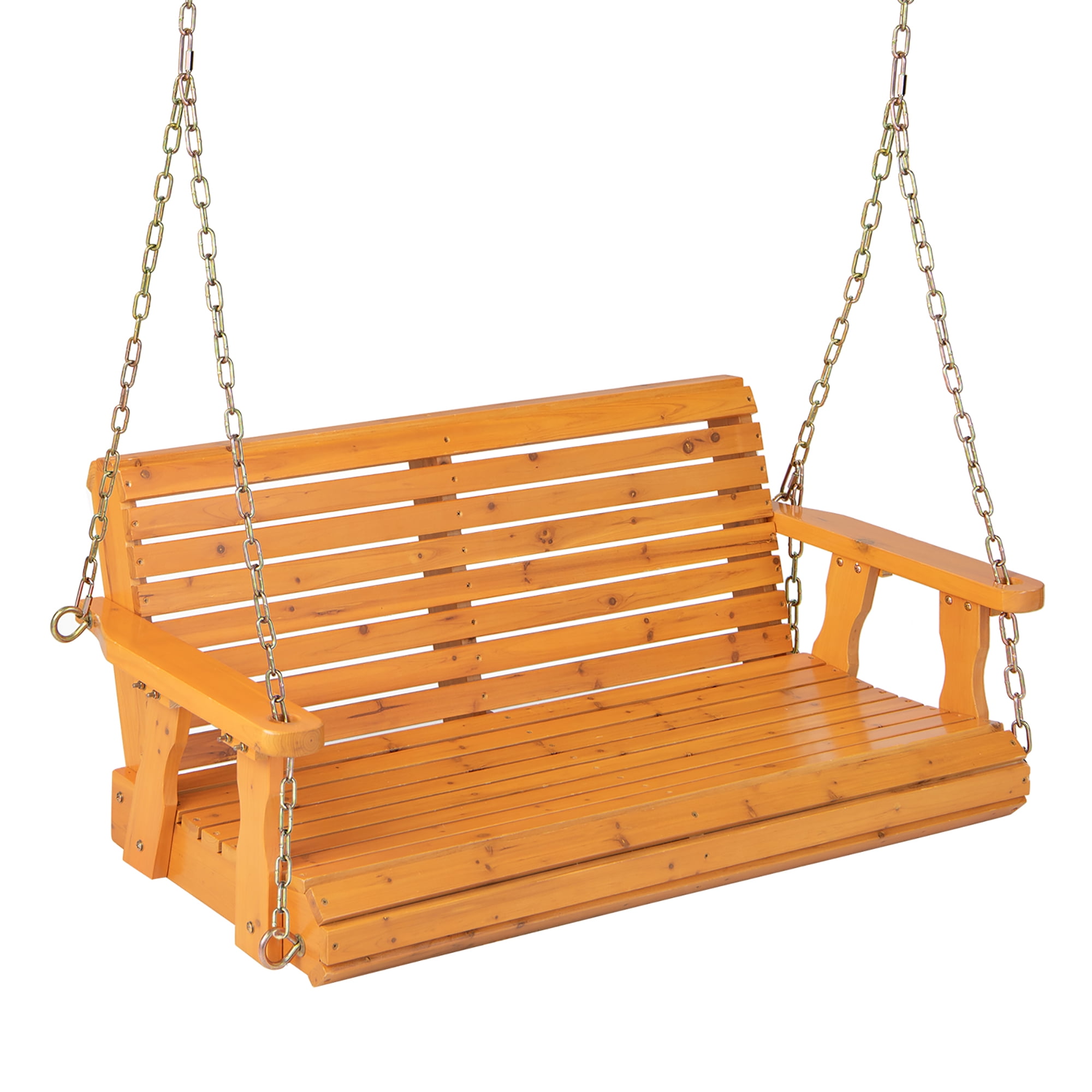 Orange Fir Wood 2-Person Porch Swing Chair with Adjustable Chains