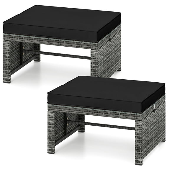 Gymax 2 Pieces Patio PE Rattan Ottomans with Soft Zippered Cushions for Deck Black