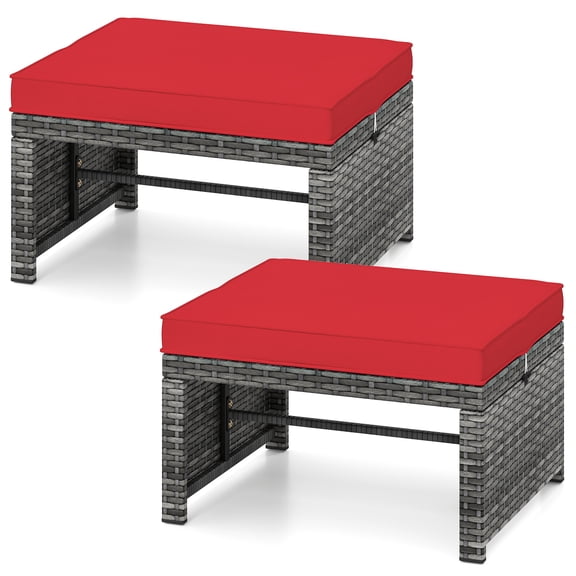 Gymax 2 Pieces Patio PE Rattan Ottomans with Soft Zippered Cushions for Deck Red