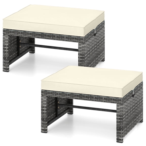 Gymax 2 Pieces Patio PE Rattan Ottomans with Soft Zippered Cushions for Deck White