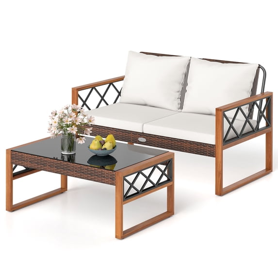 Gymax 2 Pieces Patio PE Wicker Furniture Set Outdoor Acacia Wood Loveseat for Porch