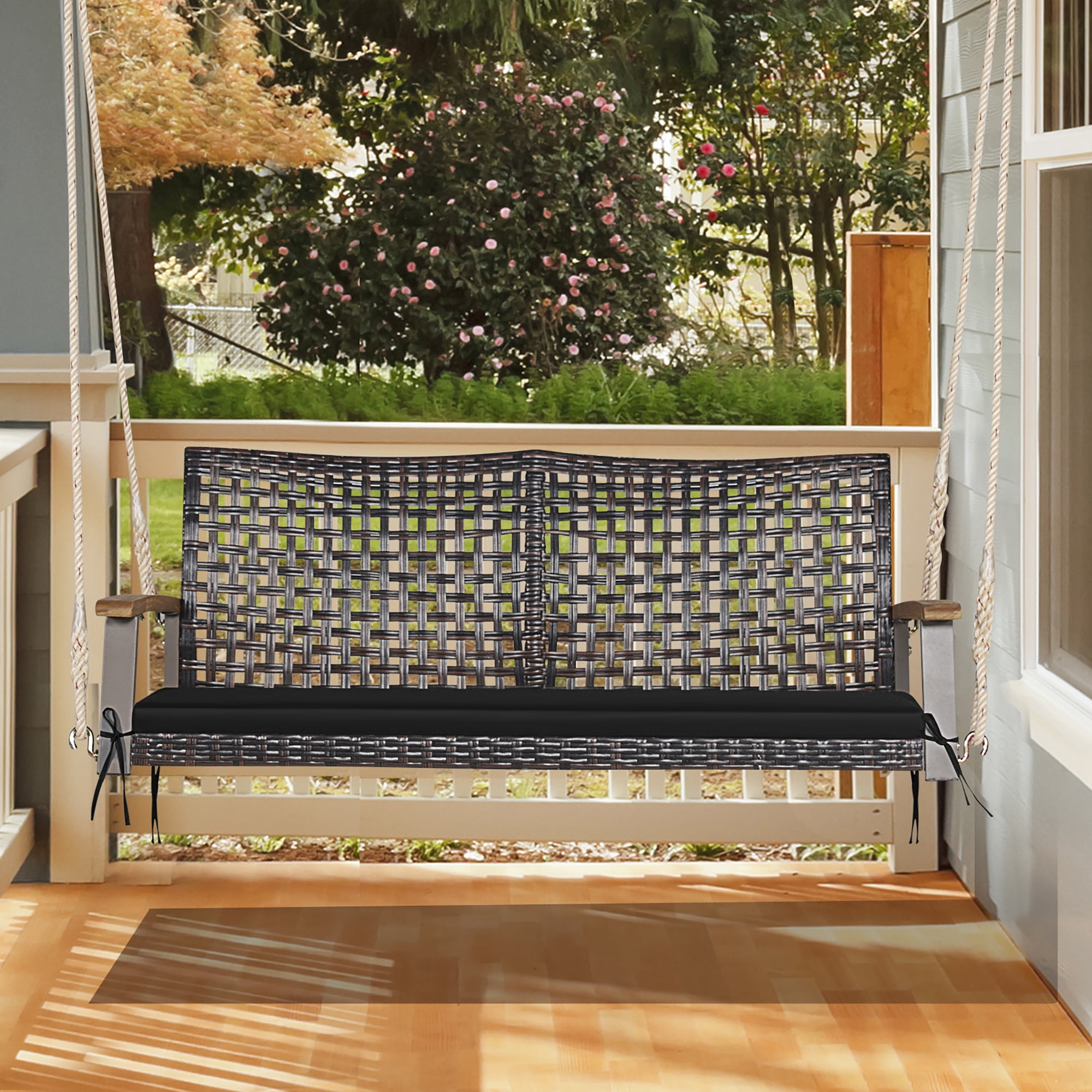 Premium 2-Person Rattan Porch Swing Bench, Outdoor Chair Cushions, Cream White main image 1