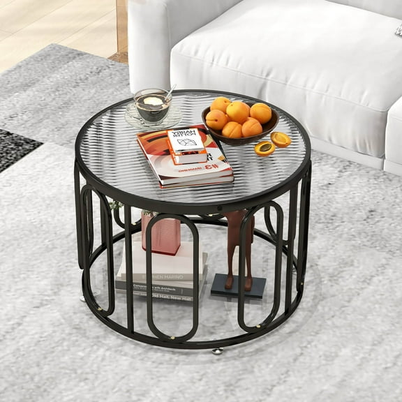 Gymax 2-Tier 24'' Round Coffee Table w/ Oval Swivel Brackets & Reeded Tempered Glass Black
