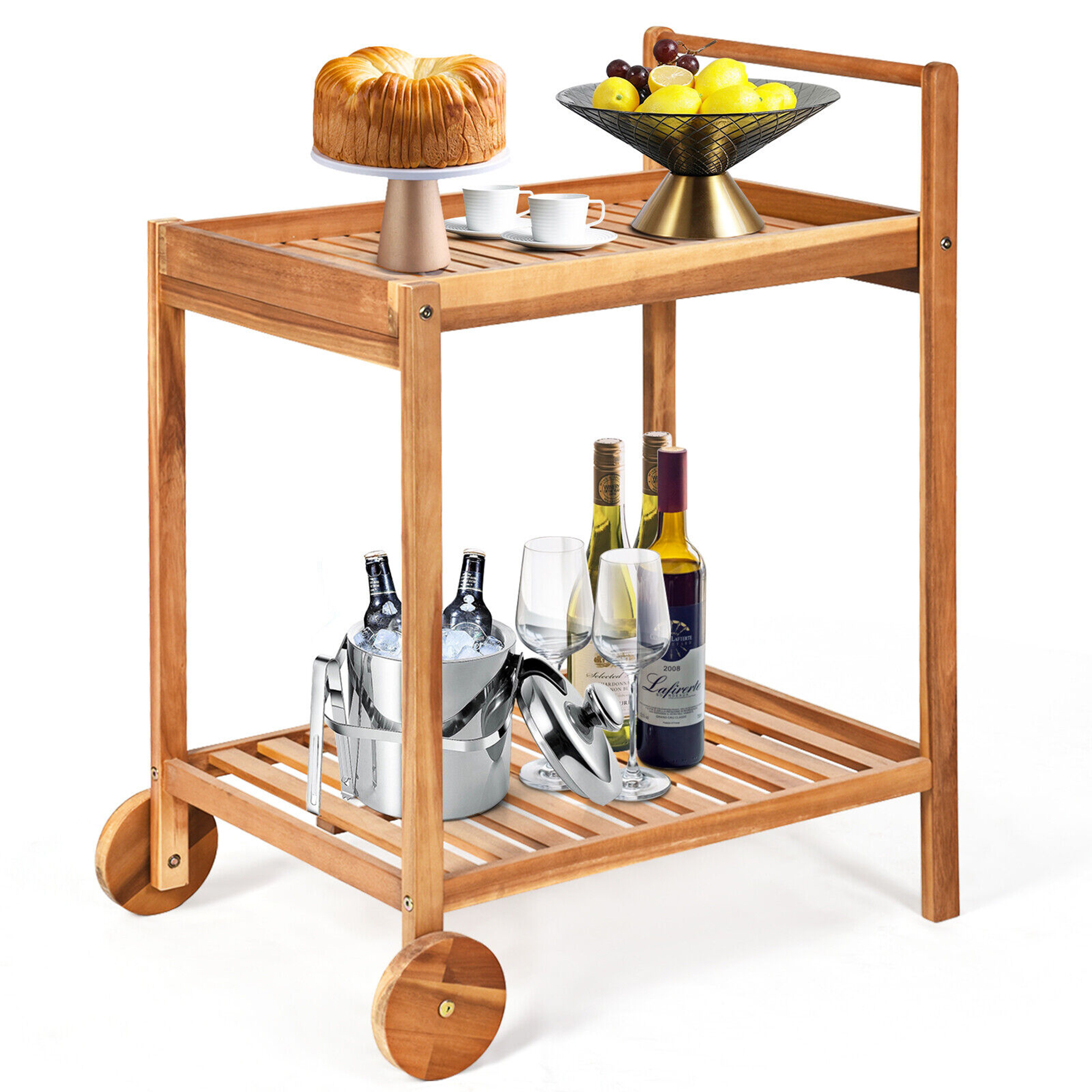 Gymax Acacia 2-Tier Rolling Kitchen Trolley Cart for Patio Storage ...