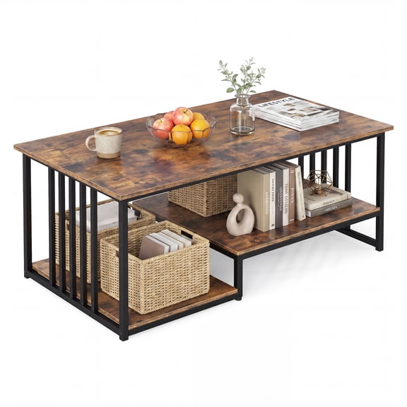 Gymax 2-Tier Coffee Table 43.5'' Industrial Rectangle Center Table w/Open Storage Shelf Rustic Brown & Black
